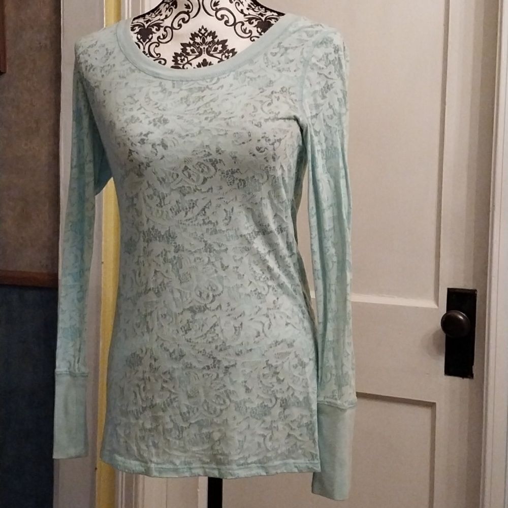 Maurice Lightweight Pattern Sheer Mint Green  Long Sleeve Top Size S